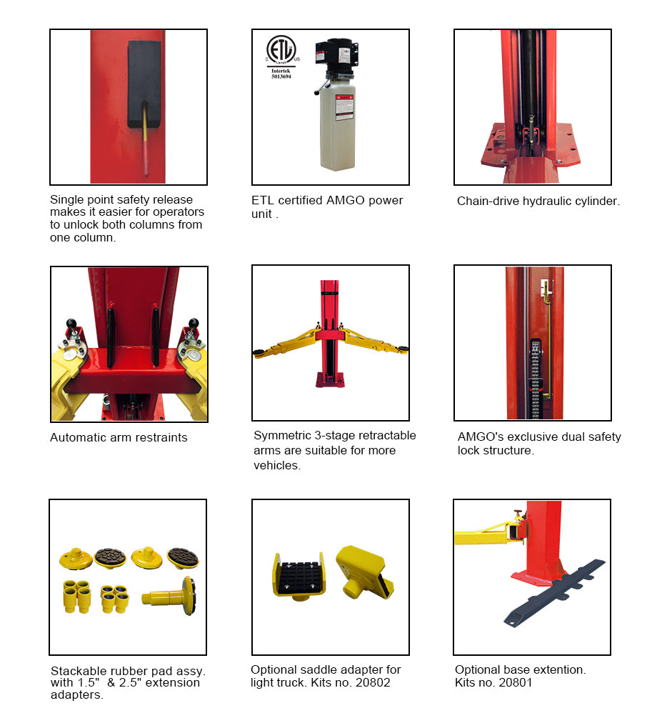 AMGO® BP-9 Base-Plate 2 Post Auto Lift, 110Volt Power Unit