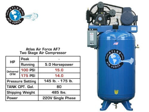 Atlas® Air Force AF7 2-Stage 5 HP, 80 Gallon Air Compressor w/Mag Starter