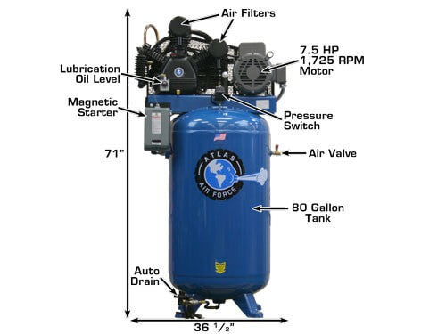 Atlas® Air Force AF9-17Plus, 2-Stage 7.5 HP, 80 Gallon Air Compressor